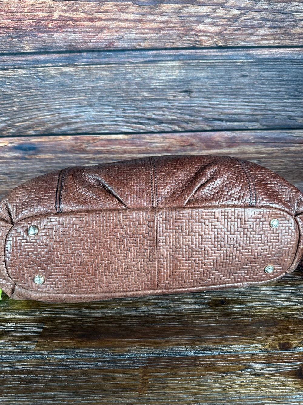 B. Makowsky brown leather shoulder bag with a textured, woven embossed pattern. - Picture 6 of 10